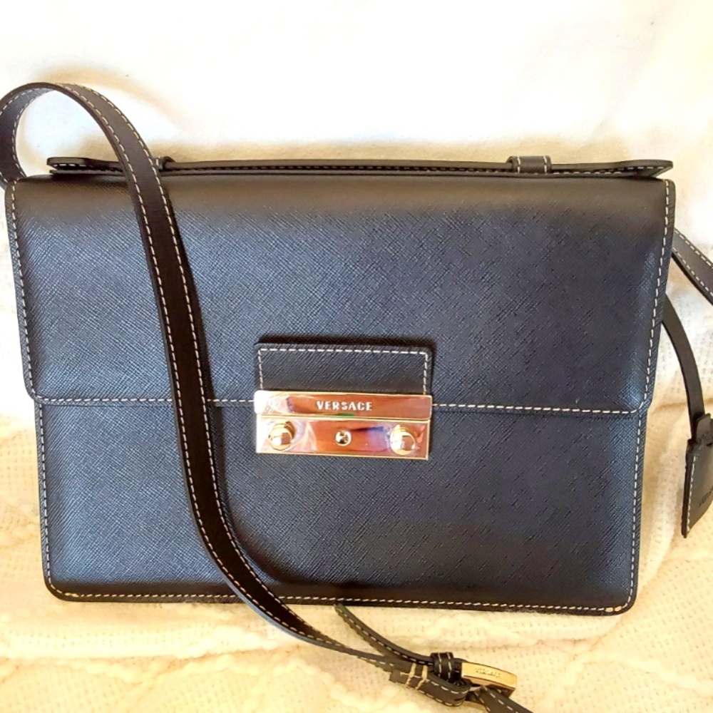 Versace Black Leather Shoulder Bag with Silver Accents